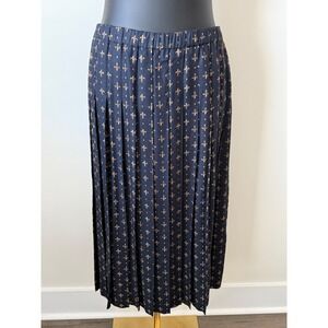 Marisa Christina Petite Navy Gold Fleur-de-Lis Pleated Midi Skirt PS Rayon USA